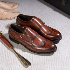 LBSFY  - Classic Brogue Men's Double Buckle Monk Strap Dress Shoes for Men Genuine Leather Wingtip Business Office Wedding Formal Shoes