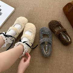 LBSFY  -    Winter New Women Flat Shoes Fashion Furry Ladies Casual Mary Jane Shoes Soft Outdoor Dress Round Toe Ballerinas Shoes