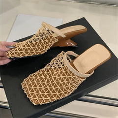 LBSFY -Design Breathable Mesh Slippers Woman Pumps Elegant Square Toe Strange Low Heels Party Ladies Slide Mule Shoes