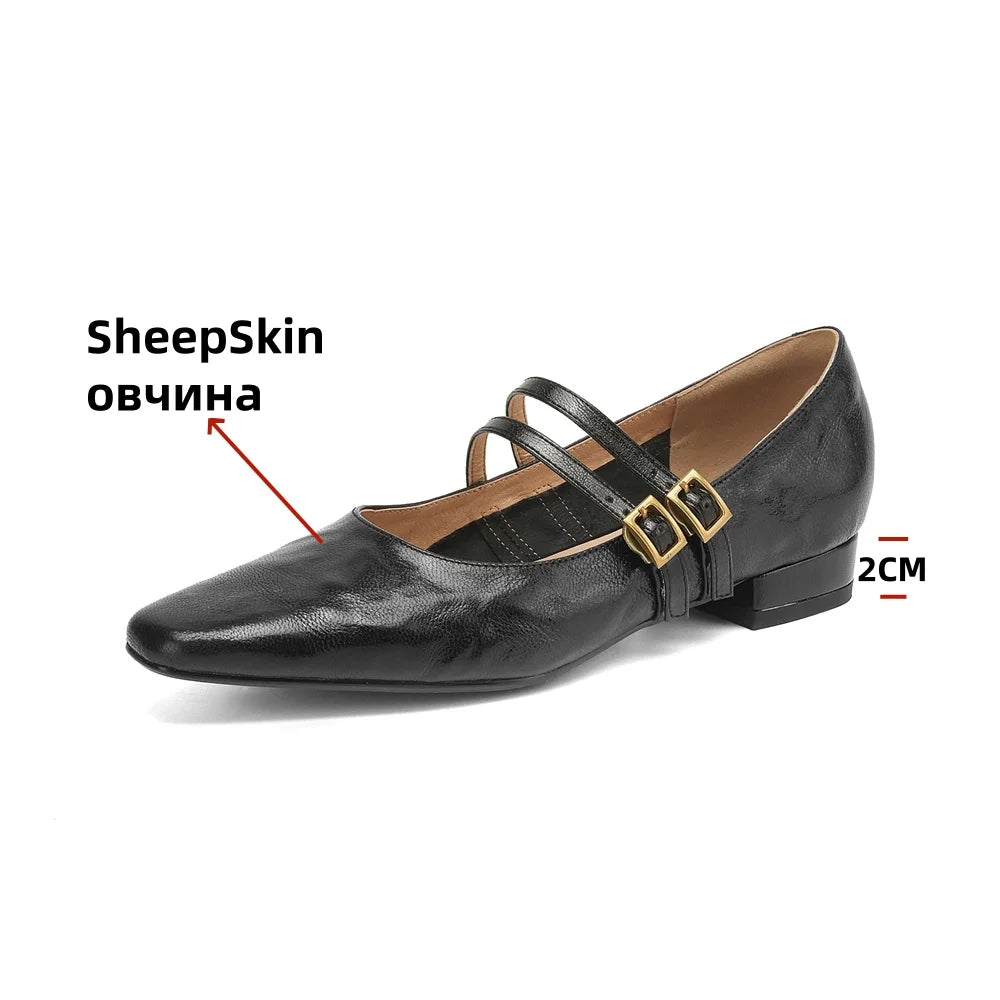 LBSFY  -  Luxury Sheepskin Leather Thick Heels Pumps For Women Elegant Mary Jane Buckle Fashion Party Wedding Shoes Woman Pumps