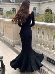 LBSFY -Autumn Sexy Black Mermaid Party Dress for Women Square Collar Long Sleeve Slim Bodycon Vestidos Elegant Streetwear Long Robe