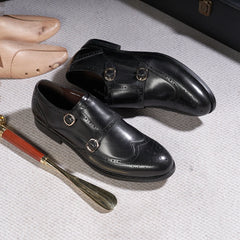 LBSFY  - Classic Brogue Men's Double Buckle Monk Strap Dress Shoes for Men Genuine Leather Wingtip Business Office Wedding Formal Shoes