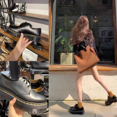 LBSFY -Autumn New Fashion Black Round Head Lace-up Solid Color Womens Loafers Casual Thick Soled Leather Women's Thick Soled Shoes