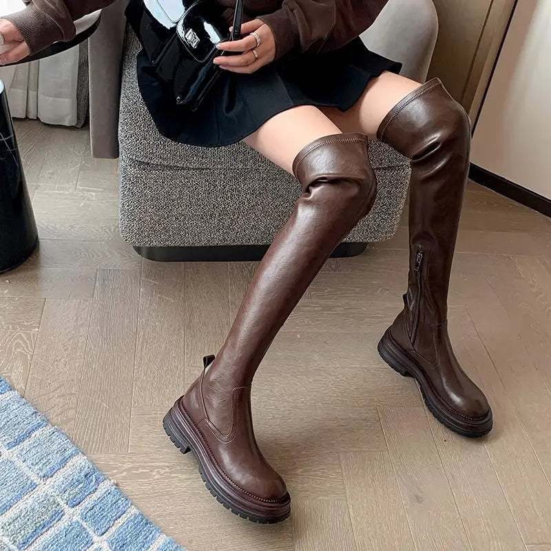 LBSFY  -  Over The Knee Boots Women Cow Leather Platform Stretch Boots Fashion Ladies Thigh High Boots Long Shoes