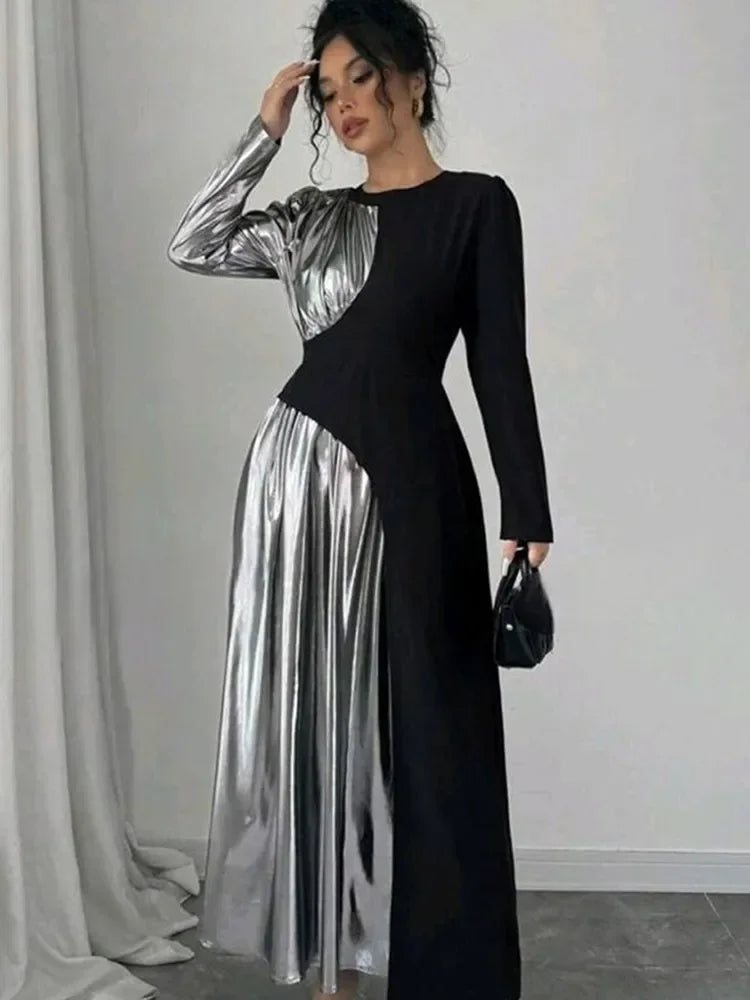 LBSFY  -  Women's Fashion Metallic Color Patchwork Maxi Dress Chic O-neck Long Sleeve Slim High Waist Vestido 2024 Female New Party Robes