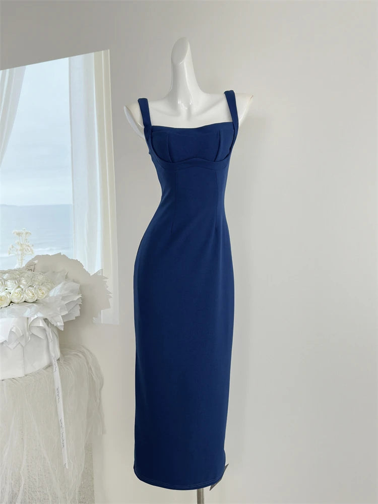 LBSFY -Women's French Vintage Solid Sling Dresses Summer Elegant Square-Collar Split Sexy Zipper Midi Dress Office Lady Party Vestidos