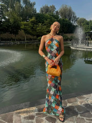 LBSFY  -Women Sexy Sleeveless Backless Colorful Printed Sling Dress Elegant Splicing Slim Fishtail Skirt New Chic Vacation Vestdios