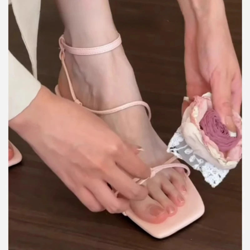 LBSFY  -  2024 Colorful 3D Flower Short Heel Sandals Square Headed Open Toe Party Fashion French Sandals Detachable Rose Woman Shoes 35-39