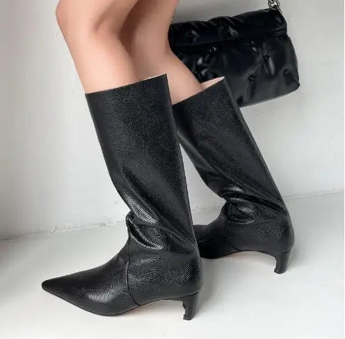 LBSFY  -  New Women Dark Green Black Crocodile Patterned Leather Pointed Square Toe 45 mm Kitten Heel Tube Slip On Knee High Boots Shoes