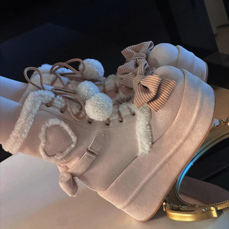 LBSFY  -  Sweet Winter Girls Lolita Mid-Calf Snow Boots,Cute Female Students Plush Warm Bowknots Lace Up Wedge Heel Heightening Shoes