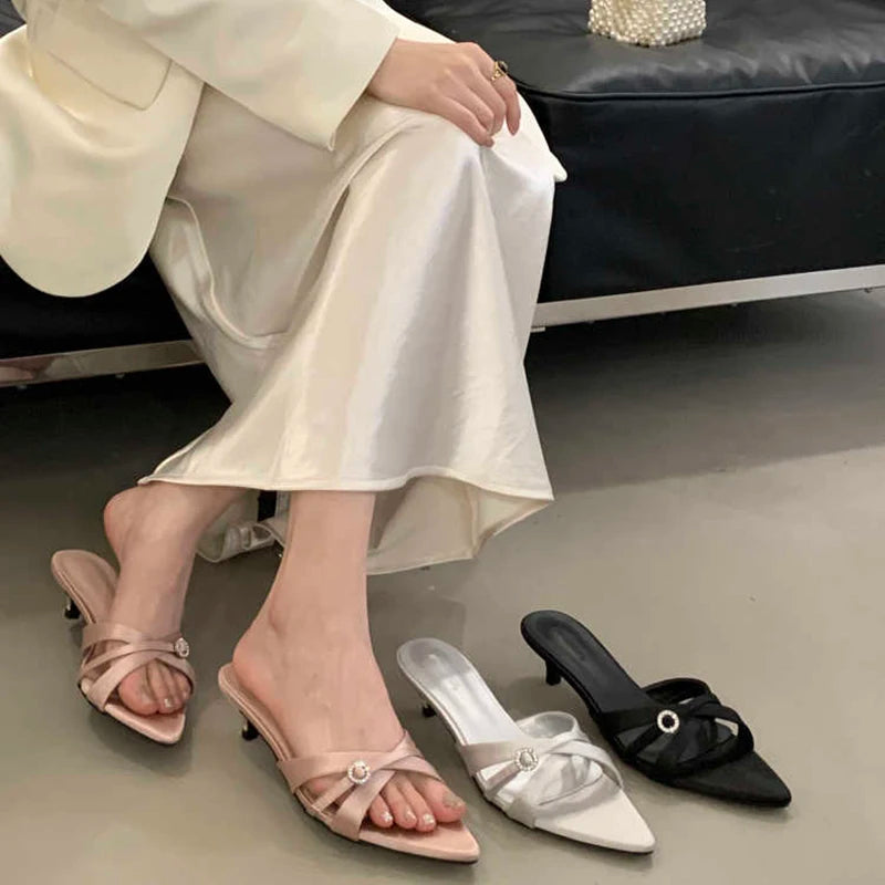 LBSFY  Summer Women's Fashion Low Heel Slippers Elegant Crystal Open Toe Slides Design Style Banquet Party Sandals Shoes