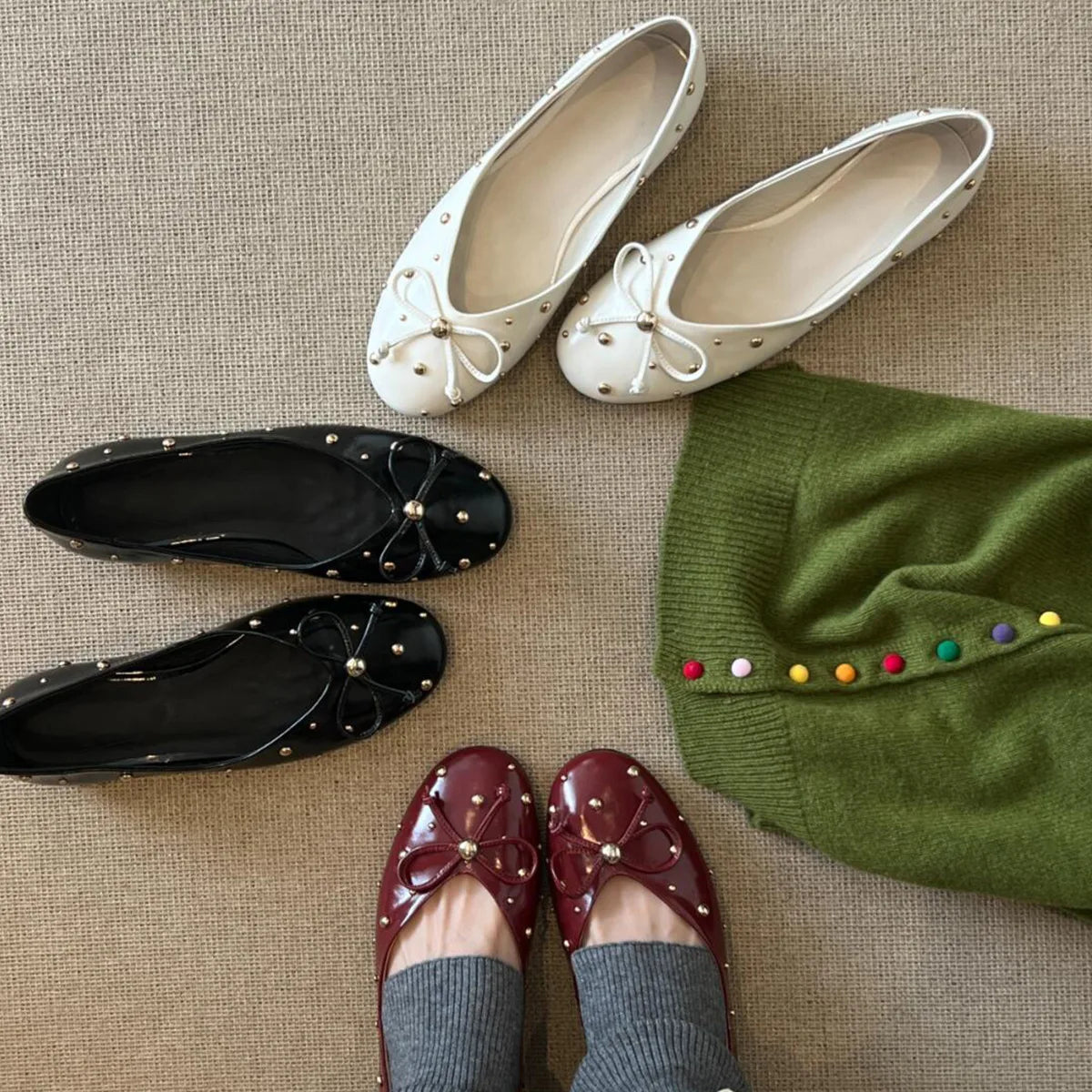 LBSFY -New Women Flat Shoes Autumn Round Toe Shallow Mouth Patent Leather Butterfly Knot Rivet Casual Shoes Soft Sole Single Shoes