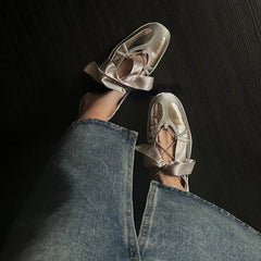 LBSFY -Ballet Flat Sneakers Women's Thick Bottom Bowknot Hollow Out Shoes Fashion Designer Mary Jane Ballet Comfort Shoes Female