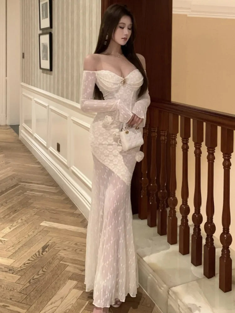 LBSFY -Sexy Elegant Slash Neck Women's Dresses Lace Patchwork Bodycon Party Off Shoulder Long Sleeves Evening Dress 2025 New Vestidos