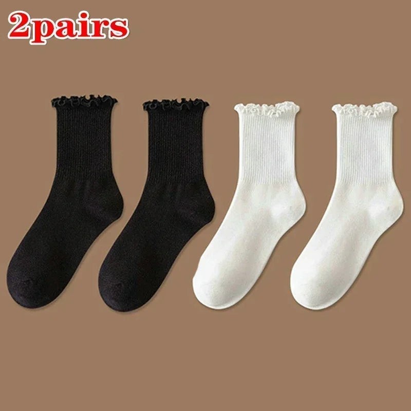 Lbsfy 1/3pairs Cute Cotton Ruffles Ankle Sock Women Autumn Black White Middle Tube Breathable Japanese Sock Lolita Kawaii Korean Stock
