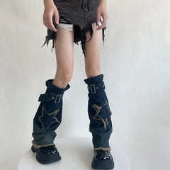 Lbsfy Y2K Star Strap Denim Leg Warmers Punk Cross Harajuku Leg Covers Gothic Leg Socks Y2K Personalized Calf Socks Leg Boot Cuffs Sock