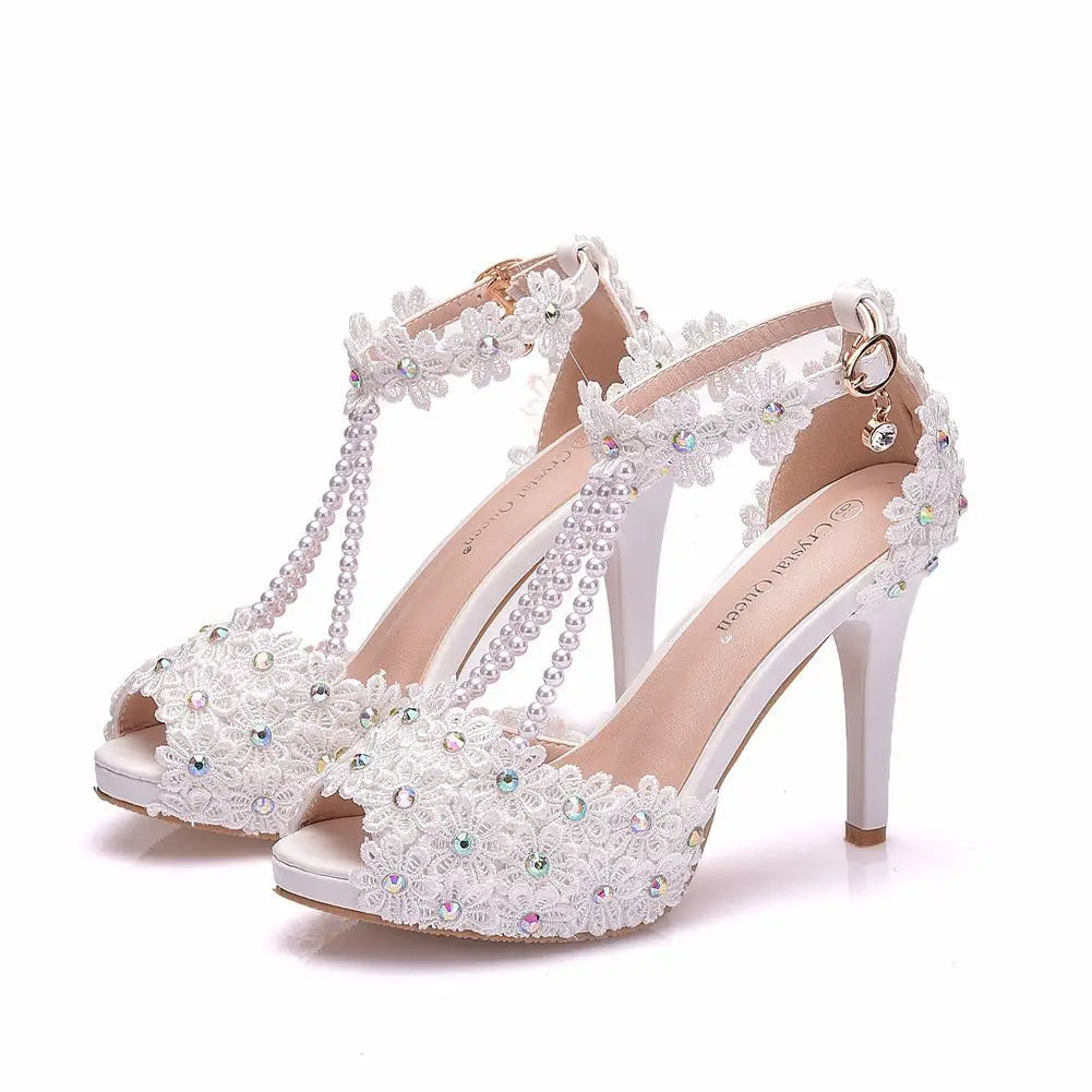 LBSFY  -  Women Sweet Fashion White Colored Floral Stiletto Party Tassel Bridal Wedding Shoes Ankle Strap High Heels