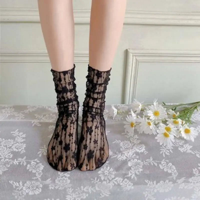 Lbsfy Summer Thin Girls Socks Lolita Solid Color Mid-calf Lace Casual Socks for Women Black White Mesh Middle Tube Floral Stockings