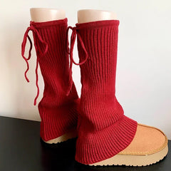 Lbsfy Sweet Ballet Strappy Wide Leg Socks Knitted Strappy Stockings Winter Warm Jk Leggings Y2K Bow Pile Socks Korea Women Calf Socks
