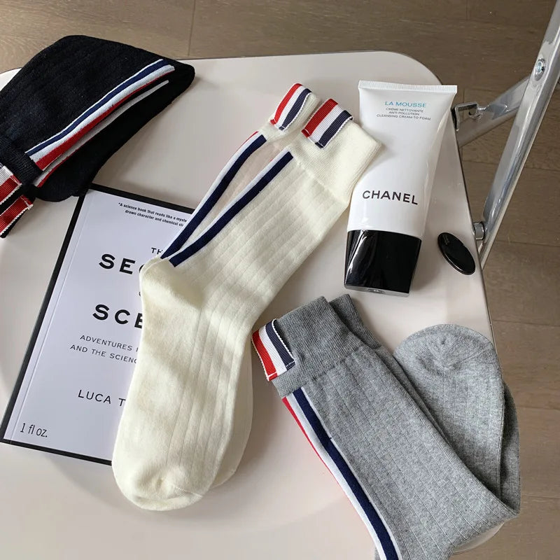 Lbsfy 3 Pairs Woman Tide Brand European Striped Label Solid Color Spring Autumn Cotton Socks Japanese JK Three Stripes Fashion Sox