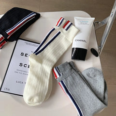 Lbsfy 3 Pairs Woman Tide Brand European Striped Label Solid Color Spring Autumn Cotton Socks Japanese JK Three Stripes Fashion Sox