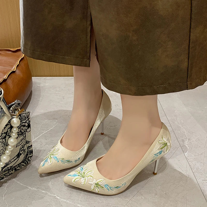 LBSFY  -  Slip-On Embroidery Thin Heel Pumps Women 2025 New Fashion Floral High Heels Shoes Woman Pointed Toe Embroider Party Shoes Ladies
