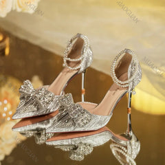 LBSFY -Spring Summer Fashion Pointed Toe Sandals Women's Rhinestone Pearl Butterfly Gold Silver High Heels Party Wedding Heeled Shoes