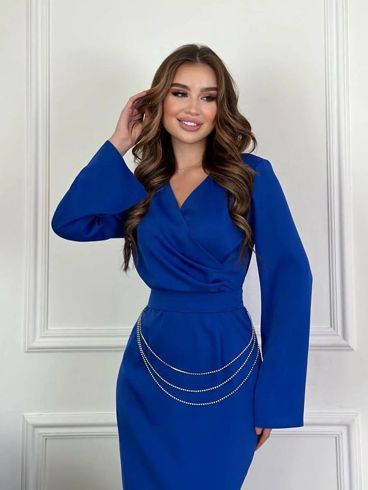 LBSFY  -   Long Sleeve Maxi Dress Women V Neck Flare Sleeve Long Dress Female Slim Elegant Party Dress Women Metal Chain Solid