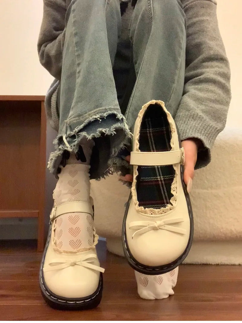 LBSFY -Butterfly-knot Lolita Women Leather Shoes Shallow Round Toe Ladies Concise Outdoor College Style Mary Jane Shoes