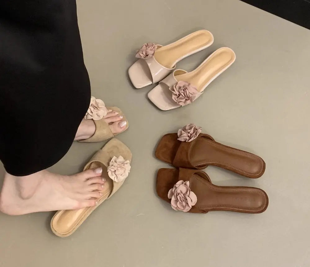 LBSFY -Women French Flowers Slippers Summer Slides Open Toe Flat Casual Shoes Leisure Sandal Female Vacation Beach Flip Flops