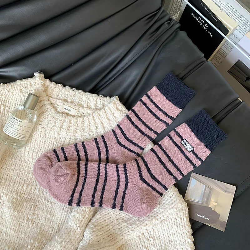 Lbsfy Wool Winter Thick Warm Cute Socks Cotton Korean Wool Stripe Designer Socks Middle Tube Kawaii Casual Harajuku Women Socks