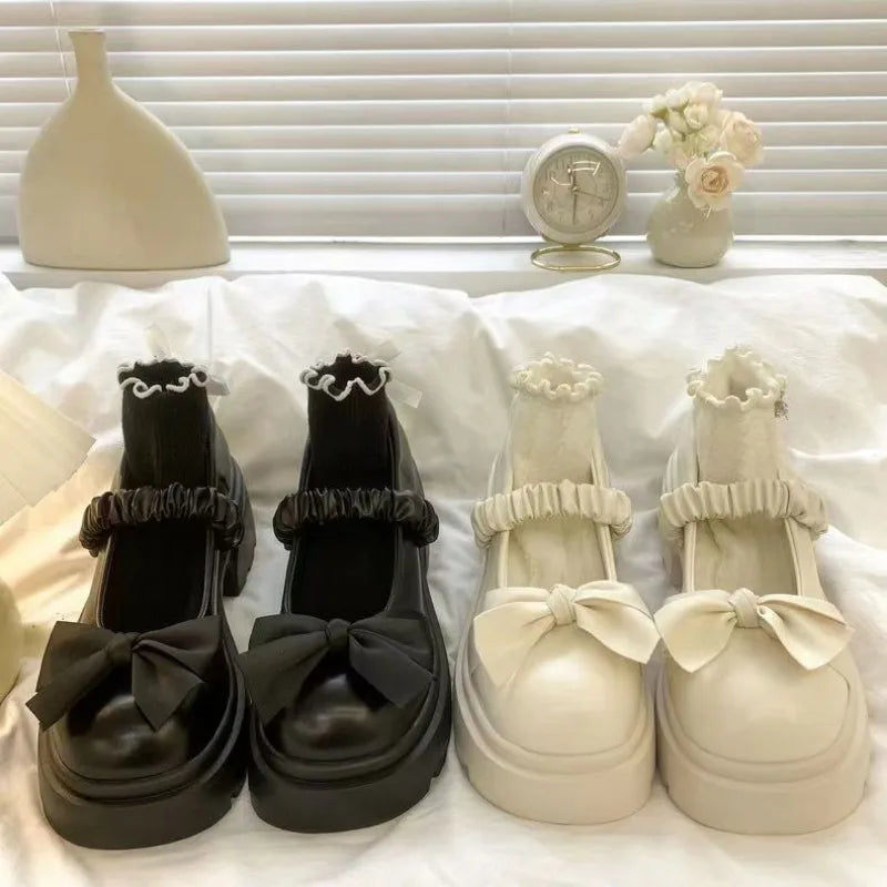 LBSFY -Japanese Style bowknot JK Thick Heel Mary Jane Women's Shoes Summer Vintage French Slip-On PU Leather Chunky Cosplay Pumps