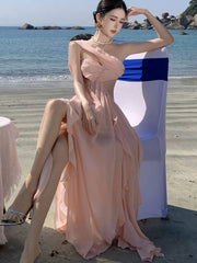 LBSFY -Summer Spring Strapless Womens Dresses Elegant Backless Irregular Ruffles Birthday Party Dress Holiday Beach Vestidos Mujer New