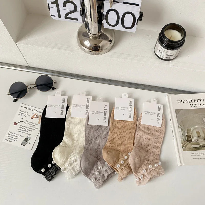Lbsfy 5 Pair/Lot Mesh Breathable Fashion Lace Socks Women Kawaii Pearl Decoration Short Socks Female Spring Summer New Sokken Femme
