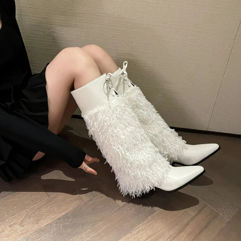 LBSFY  -  2024 White Plush Boots Fashion Frenum Knee Length Pointed Boots 6cm Thick Heel Chelsea Boots 34-46 Auto Show Model Women's Shoes