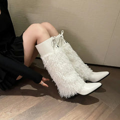 LBSFY  -  2024 White Plush Boots Fashion Frenum Knee Length Pointed Boots 6cm Thick Heel Chelsea Boots 34-46 Auto Show Model Women's Shoes