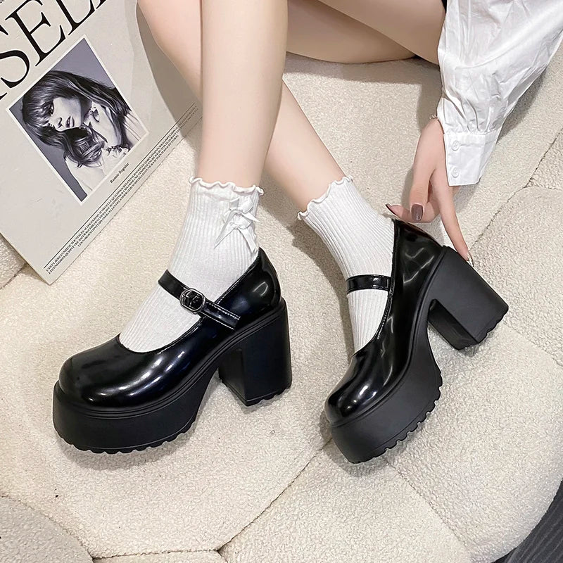 LBSFY  -  High Heels Platform Chunky Pumps Women 2024 Pu Leather Ankle Buckle Mary Jane Shoes Woman Thick Heeled Goth Lolita Shoes Female