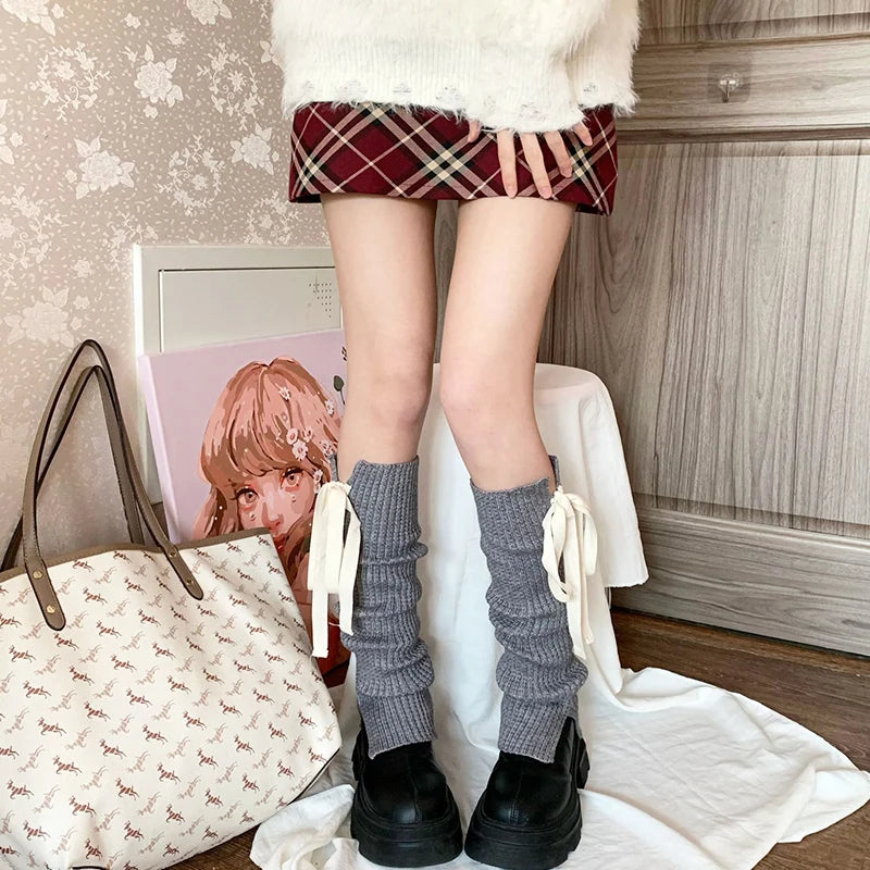 Lbsfy French Ballet Knitted Strap Leg Socks Y2K Tie Bow JK Bow Tie Leg Warmers Long Calf Covers Sweet Japanese Stockings Stacked Socks