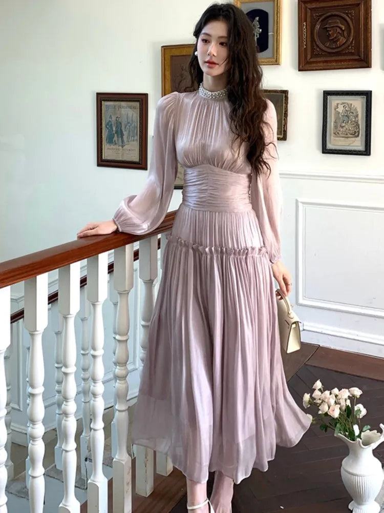 LBSFY -2025 New Elegant Chic French Pleated Solid Dress Puff Sleeves Slim Waist Midi Women's Dresses Party Prom Female Clothes Mujer