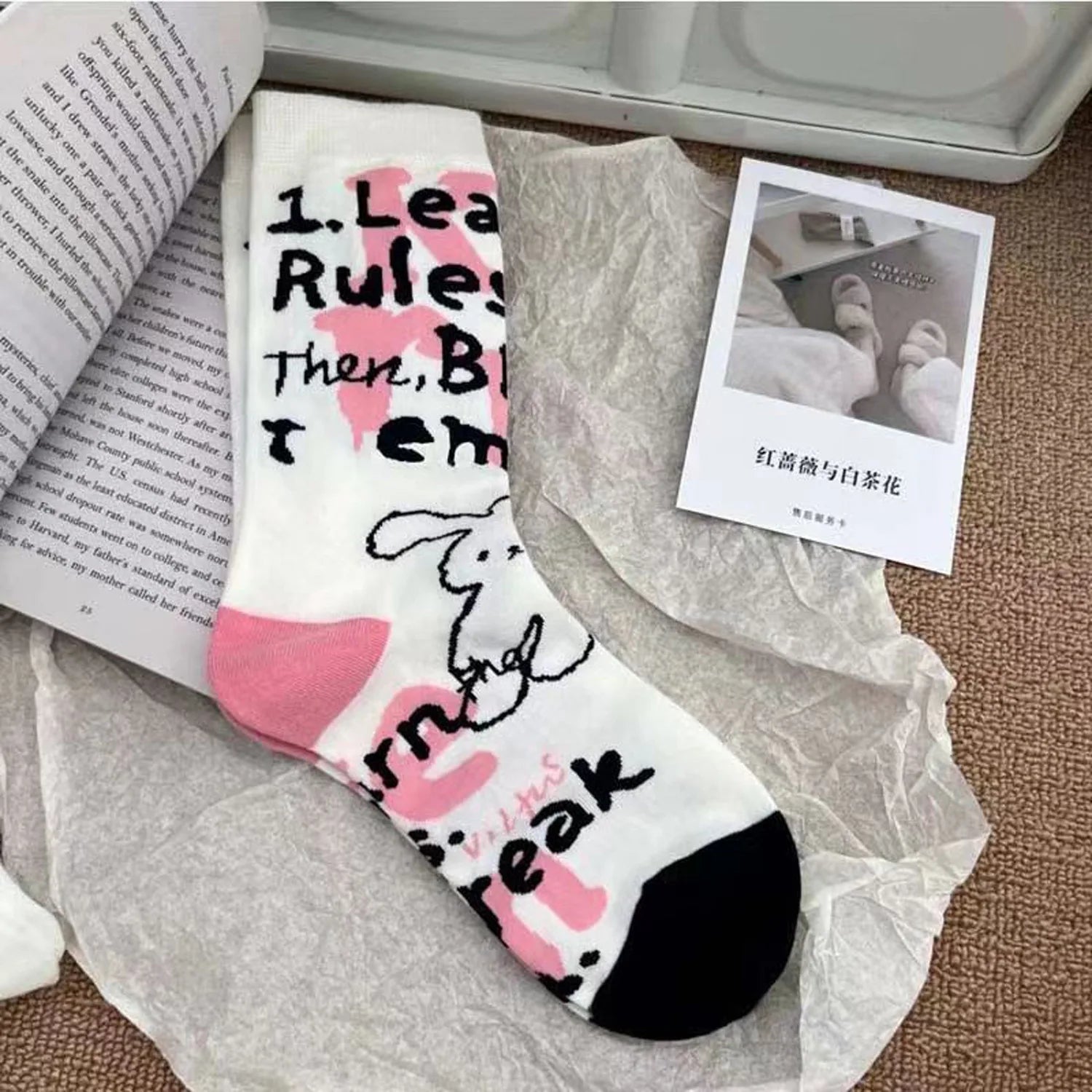 Lbsfy women socks cotton Autumn winter Korean cute kawaii harajuku cartoon rabbit star striped girl mid-tube crew sock lady stockings