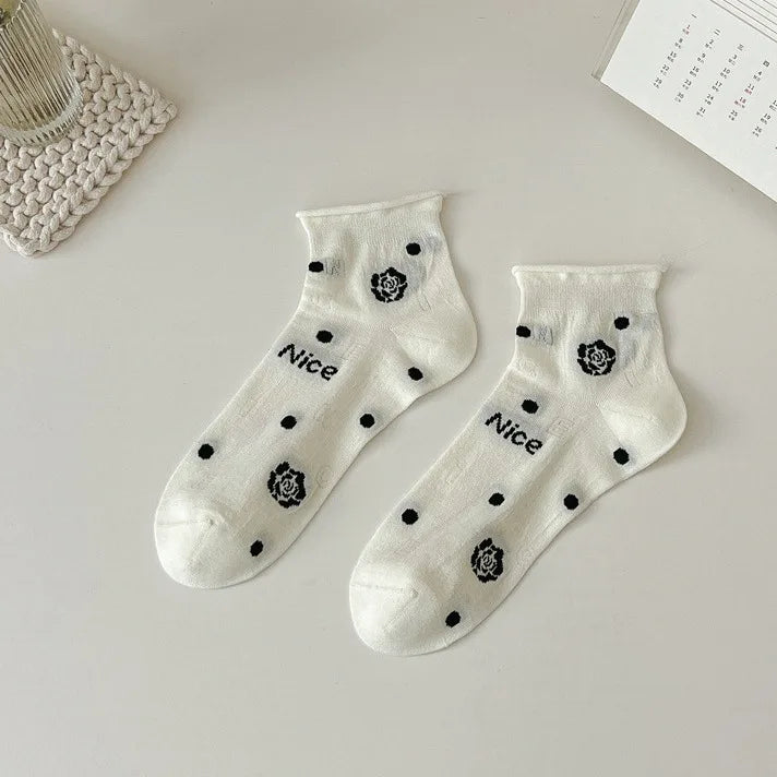 Lbsfy Women's Ankle Socks Spring Summer Black White Fashion Cute Kawaii Lolita Thin Cotton Mesh Breathable Low Tube Socks Calcetines