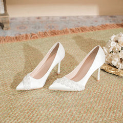 LBSFY  -  Size 30-44 White Wedding Shoes Sardine Satin Pointed Toe Stiletto Heels Women Pearls Dress Sheos