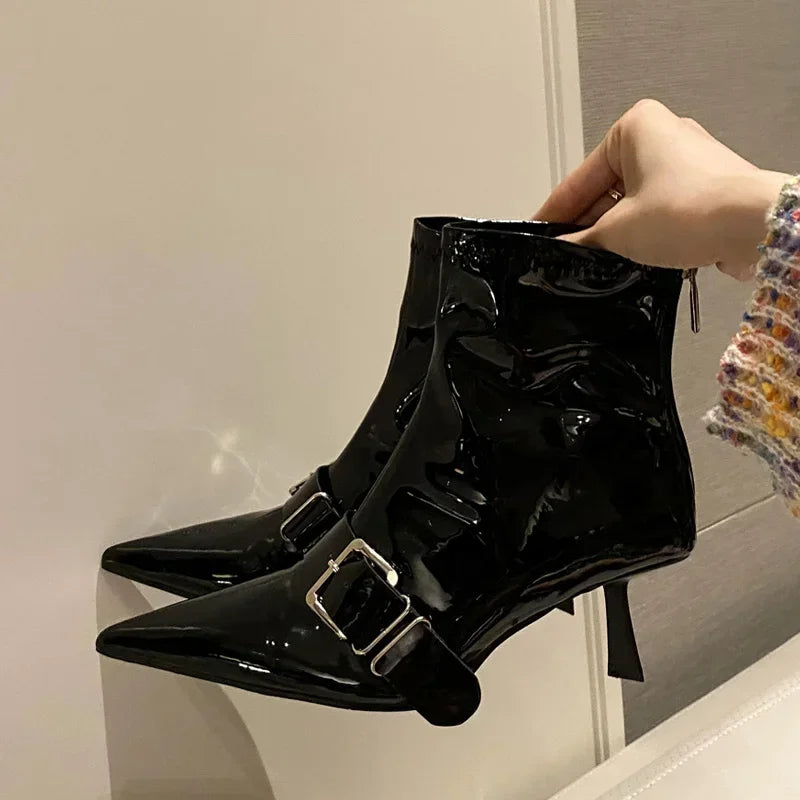 LBSFY -Design Sexy Pointed Toe Belt Buckle Women Ankle Boots Thin Heels Patent Leather Autumn Zipper Party Shoes