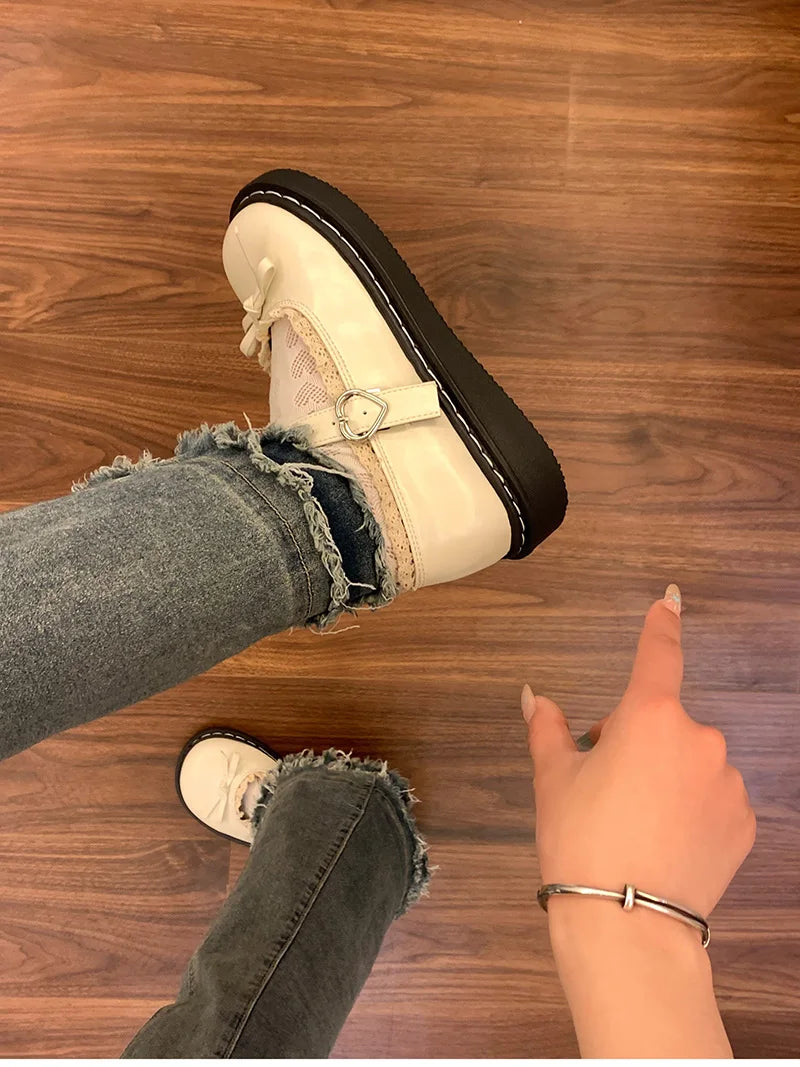 LBSFY -Butterfly-knot Lolita Women Leather Shoes Shallow Round Toe Ladies Concise Outdoor College Style Mary Jane Shoes