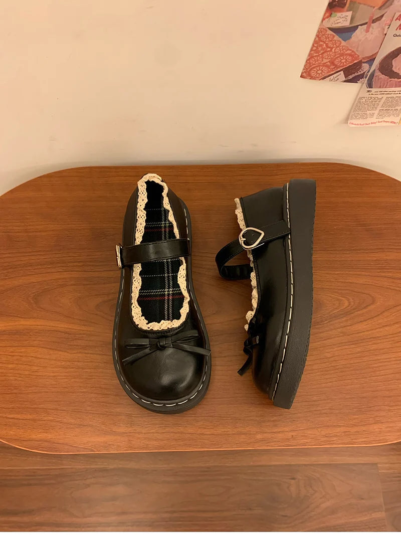 LBSFY -Butterfly-knot Lolita Women Leather Shoes Shallow Round Toe Ladies Concise Outdoor College Style Mary Jane Shoes