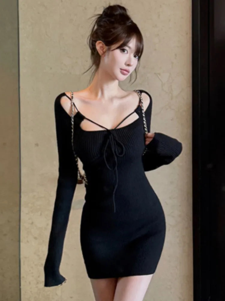 LBSFY -Elegant Knitted Dresses for Women Fashion Chic Long Sleeve Lace-up Evening Party Mini Dress Female One Piece Casual Vestidos New