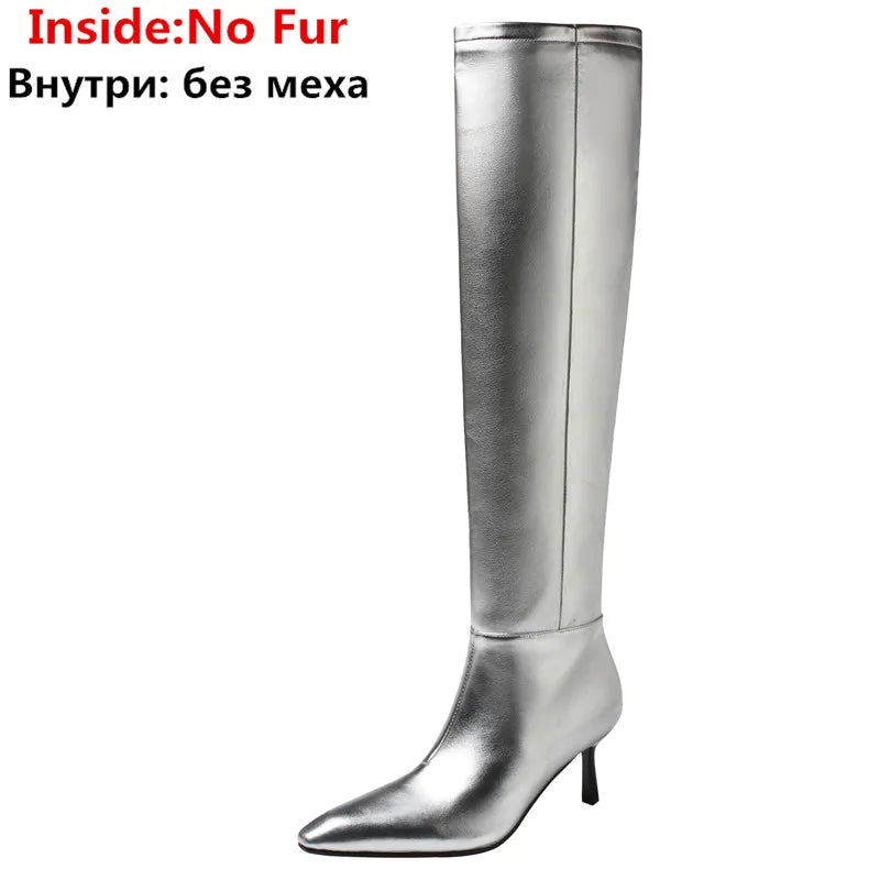 LBSFY  -  2024 New Fashion Slip On Over The Knee Boots Pleated Genuine Leather Boots For Women Thin High Heels Winter Boots