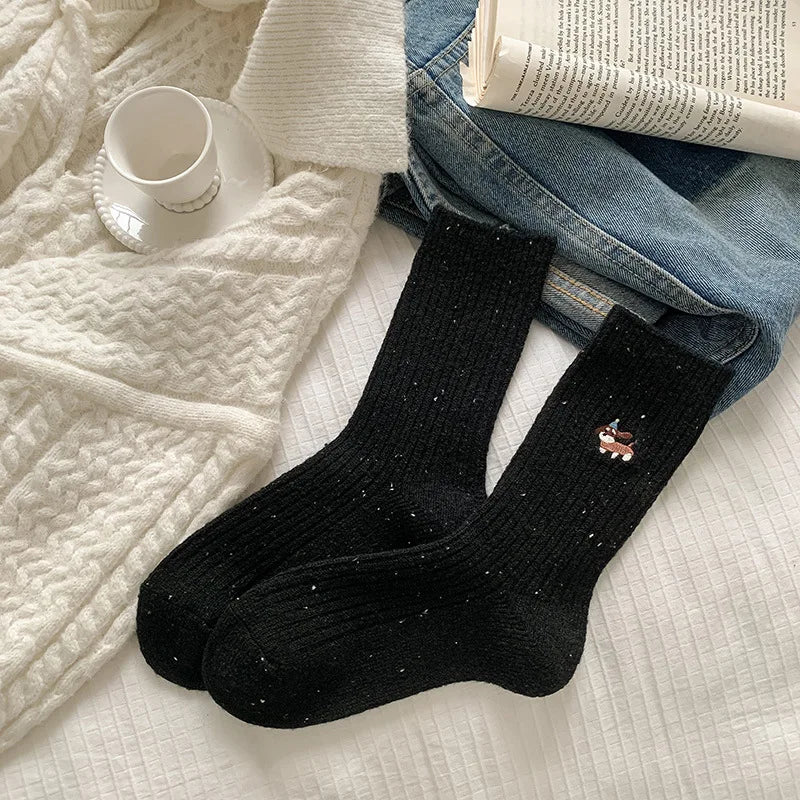 Lbsfy 2 Pairs Wool Women Socks Style Trendy Embroidery Socks Cartoon Long Style Simple Kawaii Cute Socks Dogs Breathable Comfy