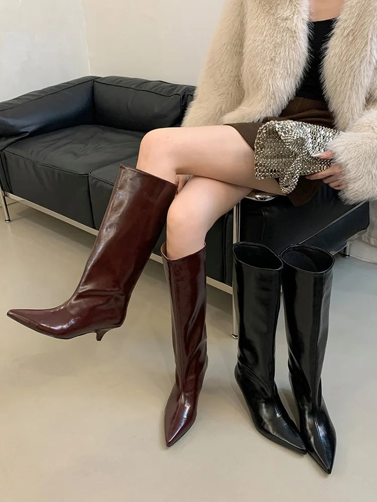 LBSFY -Winter New Fashion Knee-High Boots Women Pointed Toe Elegant Thin Low Heel Casual Ladies Pumps Shoes Long Botas Mujer