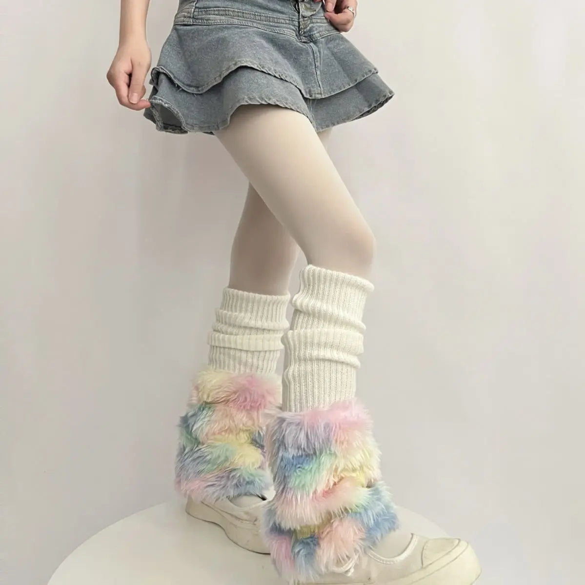 Lbsfy Cute Colorful Rainbow Leg Warmer Plush Imitation Fur Japanese Women Knitted Over Knee Tube  Winter Warm Long Leg Cover Socks